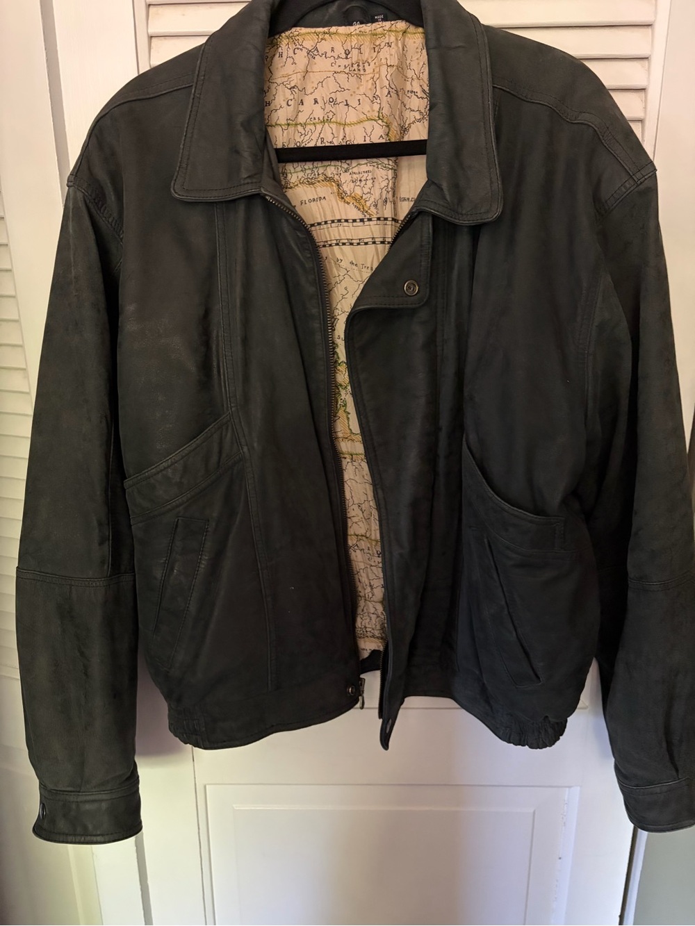 Vintage Men's Black Leather Jacket with Map-Print Lining